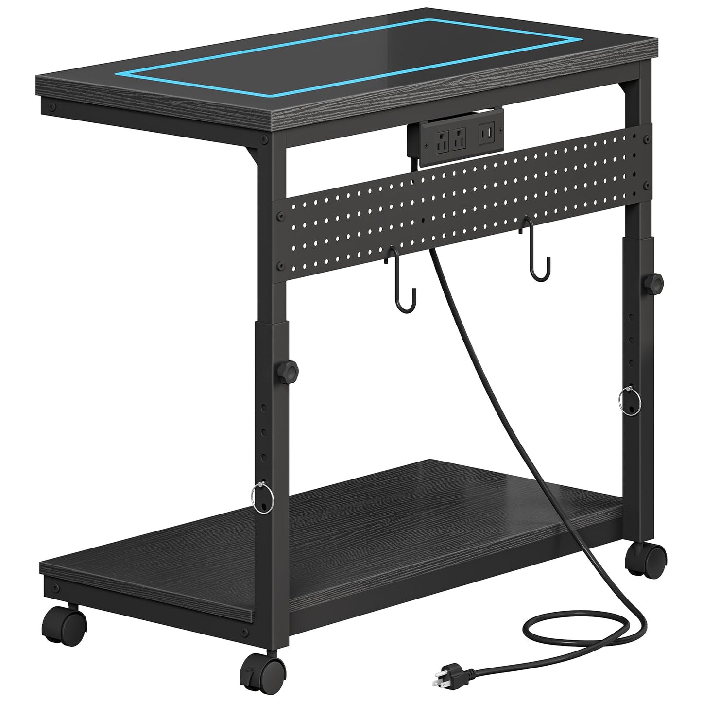 CHOEZON 31.5" Large Computer Tower Stand with Power Outlet, Under-Desk PC Cart with 2 Hooks, PC Stand with LED, Height Adjustable PC Tower Holder on Wheels, for Living Room, Office, Black TCJ51UDBB