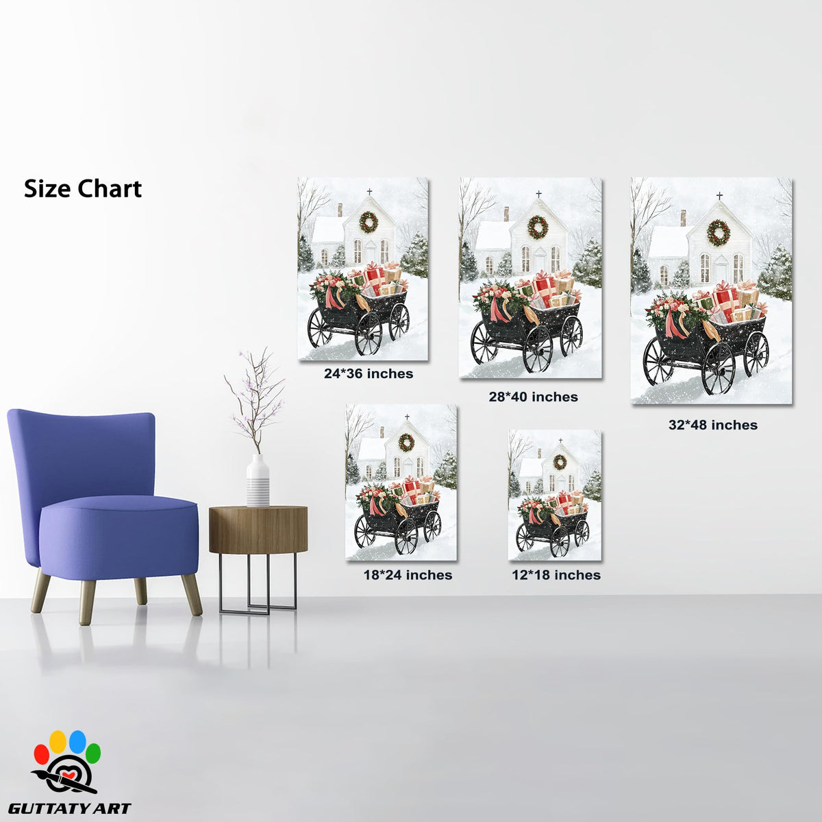GUTTATY Christmas Canvas Wall Decor, Christmas Gift Carriage Canvas Wall Art, White Church Snowy Scene Wall Pictures, Minimalist Xmas Canvas Artworks for Living Room, Bedroom 18x24 Inch