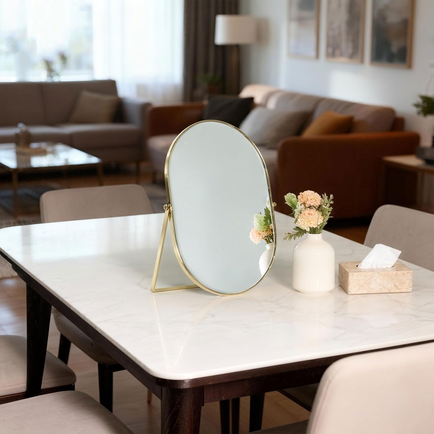 Feyarl Oval Vanity Table Mirror 12x8 Inch Desk Makeup Mirror Decorative Standing Cosmetic Mirror for Bedroom Bathroom Desk Dresser Table Desktop (Gold)