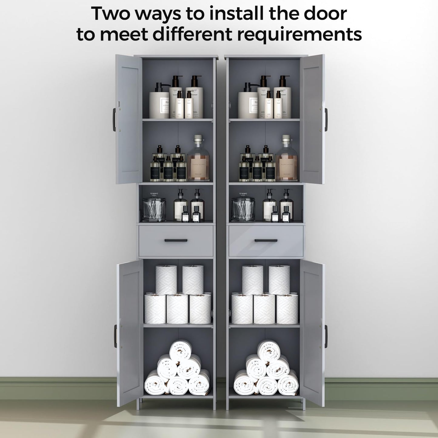 Homhedy 67" H Tall Bathroom Storage Cabinet with 2 Barn Doors and 1 Drawer, Narrow Storage Unit, Adjustable Shelves, Floor Cabinet for Bathroom, Living Room, Entryway, Kitchen, Gray, (15.7" W)