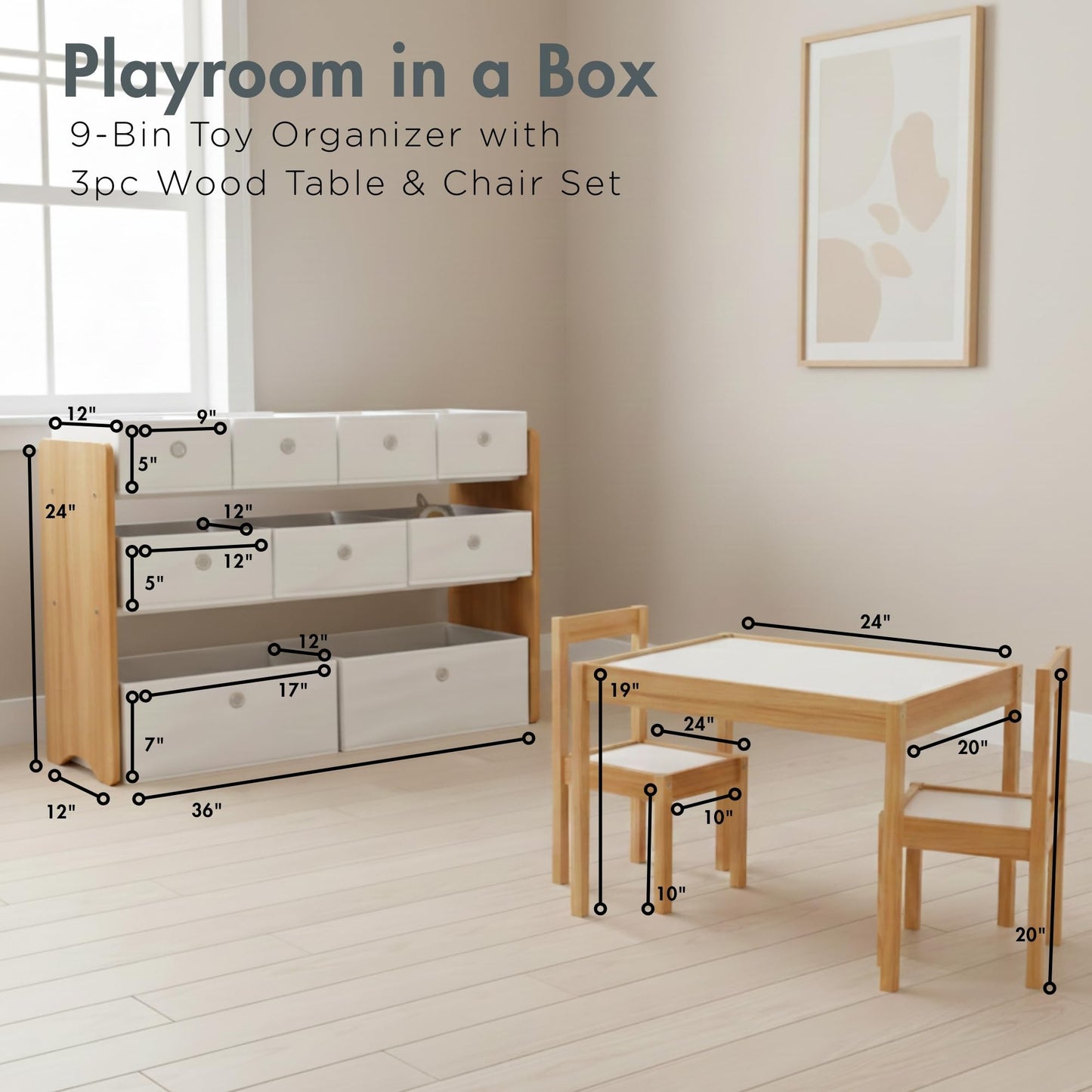Humble Crew Journey Playroom in a Box, Kids 9 Bin Toy Organizer and 3pc Wood Table and Chair Set, Natural/White