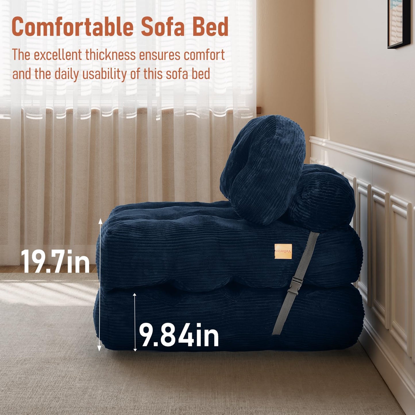 Vellorise Folding Sofa Bed, Convertible Sleeper Chair with Back Support and Pillow Futon,Boneless Foldable Couch for Living Room/Guest Use/Home Office, Foldable Chair Bed for Adults, Navy Blue