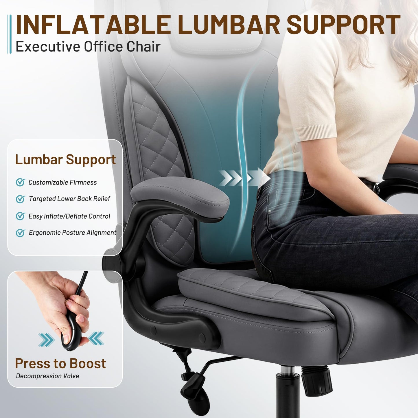 Hayelf Ergonomic Office Chair, PU Leather High Back Executive Chair with Adjustable Inflatable Lumbar Support and Padded Flip-Up Arms, Recline Swivel Task Computer Chair for Home Office, Gray