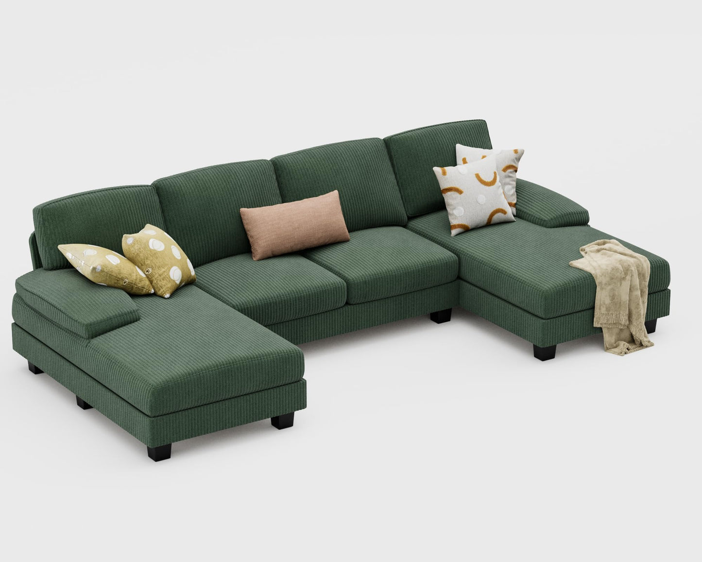 Furniwell Convertible Sectional Sofa Couch, 4 Seat Sofa Set for Living Room U-Shaped Modern Fabric Modular Sofa Sleeper with Double Chaise & Memory Foam (Corduroy, Deep Green)