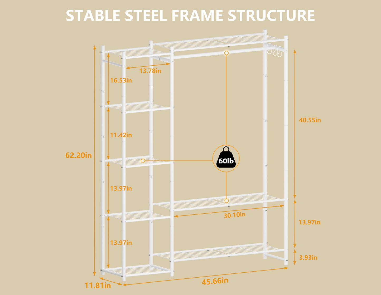 Wardrobe Closet,Portable Clothes Rack with 4 Tiers Shelves,Freestanding Closet Organizers and Storage System with Hanging Rods,Steel Clothing Rack Suitable for Cloakrooms,Bedrooms,Entrances,etc.White