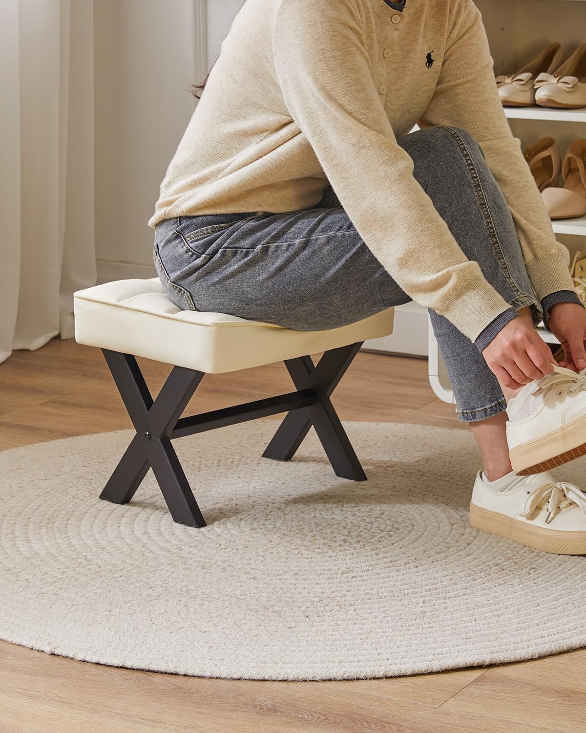 IBUYKE Small 12" H Footrest Stool, Square PU Foot Stool with Metal X-Leg, Multi-Use as Small Side Table, Step Stool for Living Room, Bedroom, Entryway, Office, White WBD012W