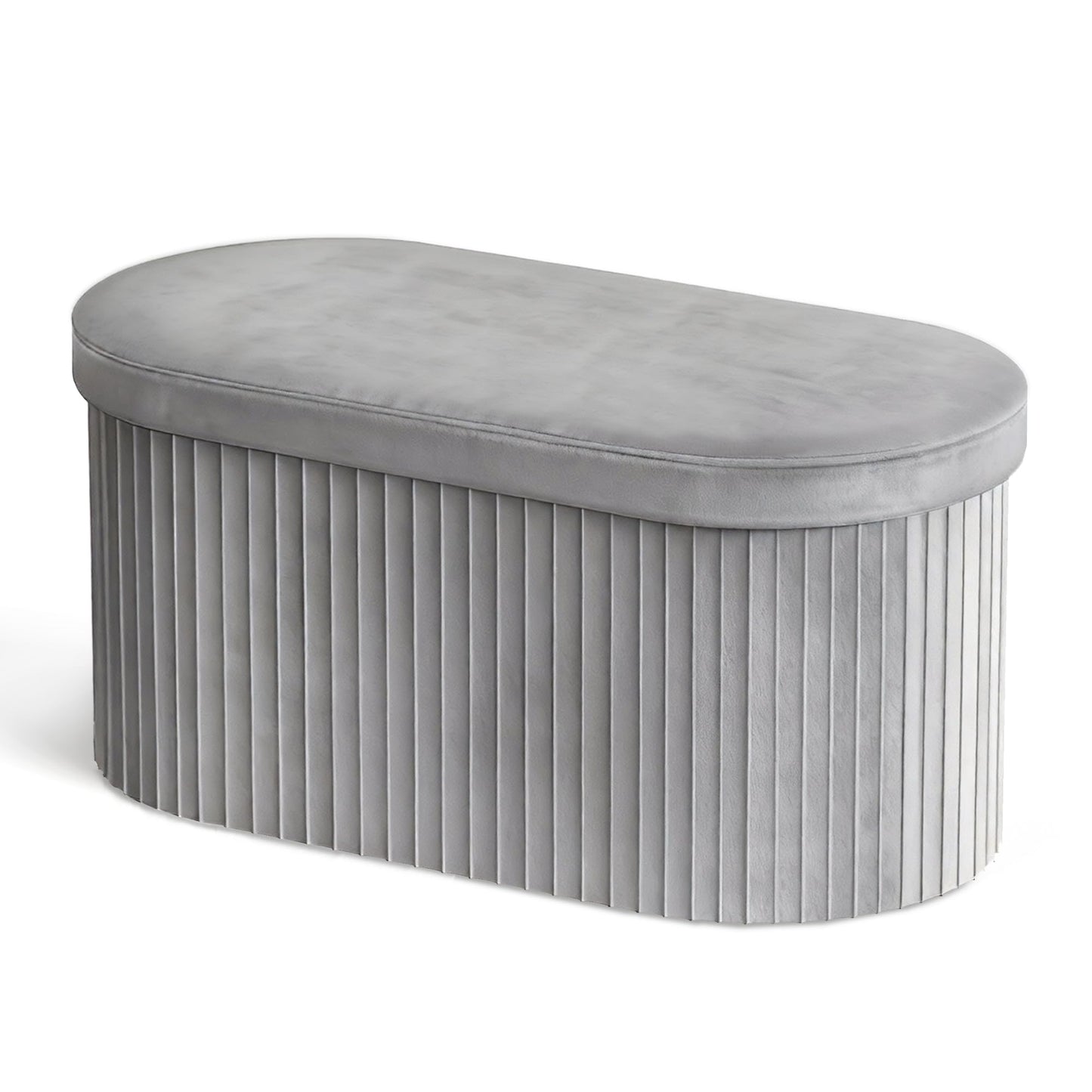 GLAXYFUR Folding Storage Ottoman, Velvet Upholstered Foot Rest, 30 Inches Oval Storage Bench for Bedroom, Living Room & Entryway (Light Grey)