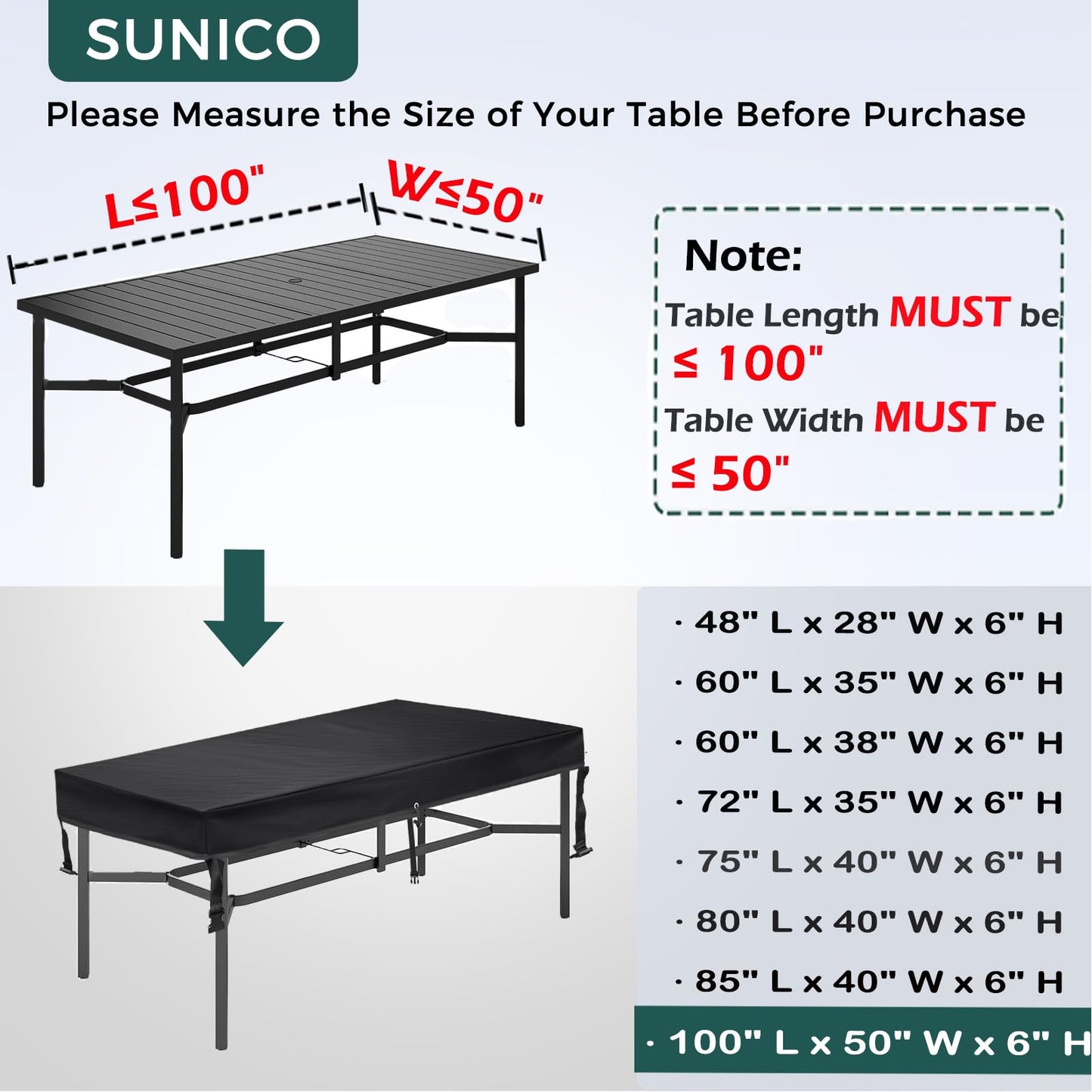 SUNICO Outdoor Table Cover rectangular 100" L x 50" W x 6" H), Patio Table Cover rectangle for Patio Table & Dining Table & Picnic Table.Windproof, Waterproof, Stain-Resistant, Durable Table Cover