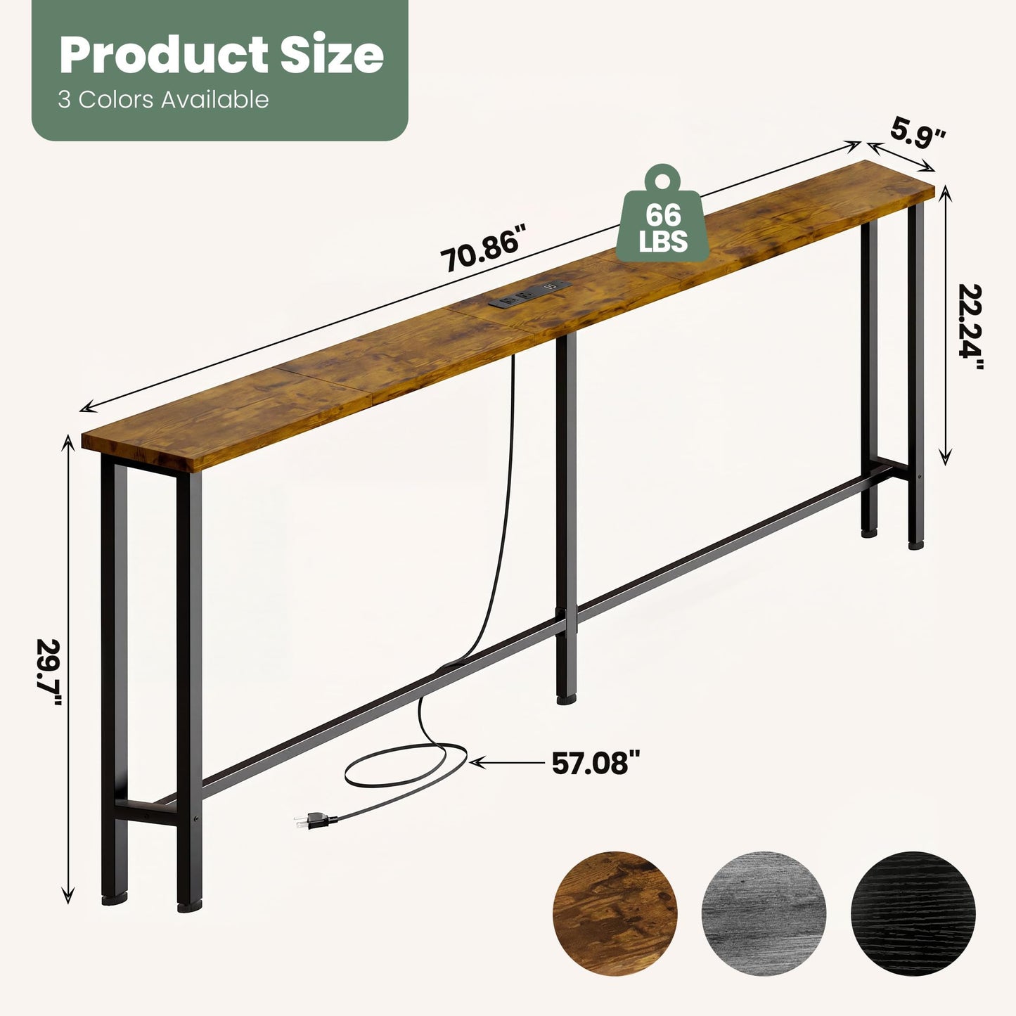 GRLEAF 70" Sofa Table with Built-in Power Strip (2 AC Outlets & 2 USB Ports) – 4.9ft Power Cord, Metal Frame, Easy Assembly, Long Couch Table Behind Sofa, Living Room and Home Office | Rustic Brown