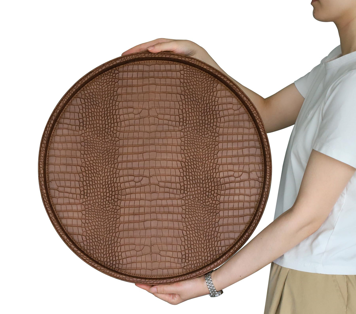 HofferRuffer Round Serving Tray 20'', Elegant Faux Leather Circle Ottoman Table Tray, Serve Tea Coffee Breakfast in Bedroom Living Room Kitchen (Brown)