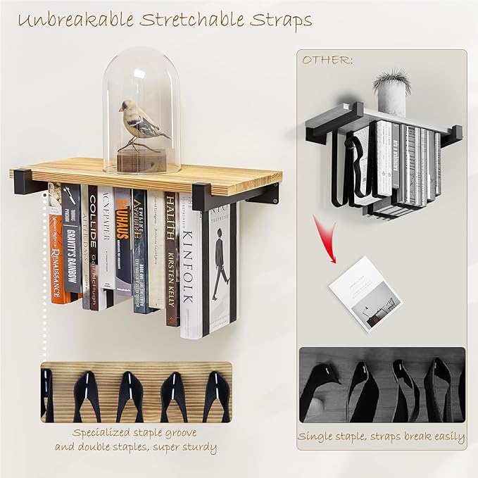 NANATI 2 Set of Floating Bookshelf, Pine Wood Invisible Bookshelf, Hanging