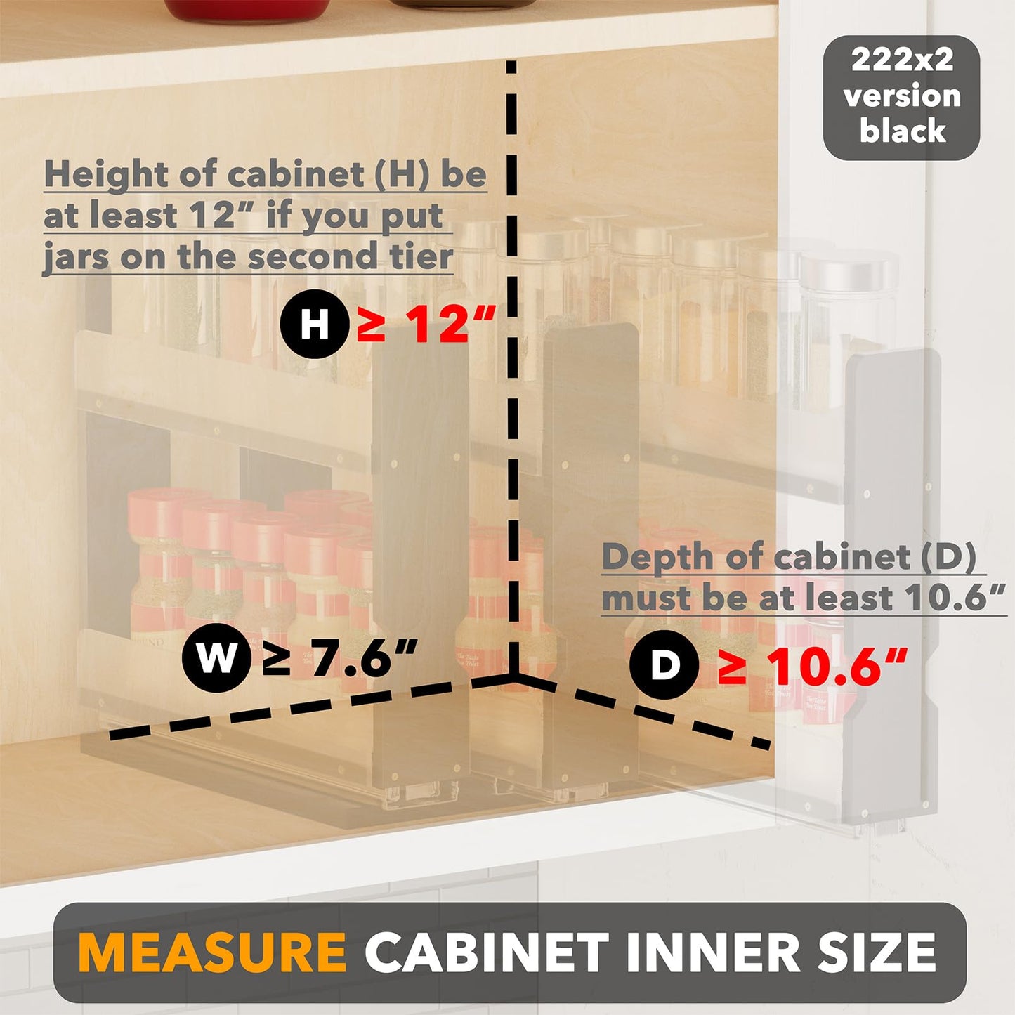 SpaceAid Bamboo Pull Out Spice Rack Organizer for Cabinet, Heavy Duty Slide Out Seasoning Kitchen Pantry Sliding Vertical Organization, 7.6" Wide, 3 Drawers(2" Wide), 2-Tier, Black
