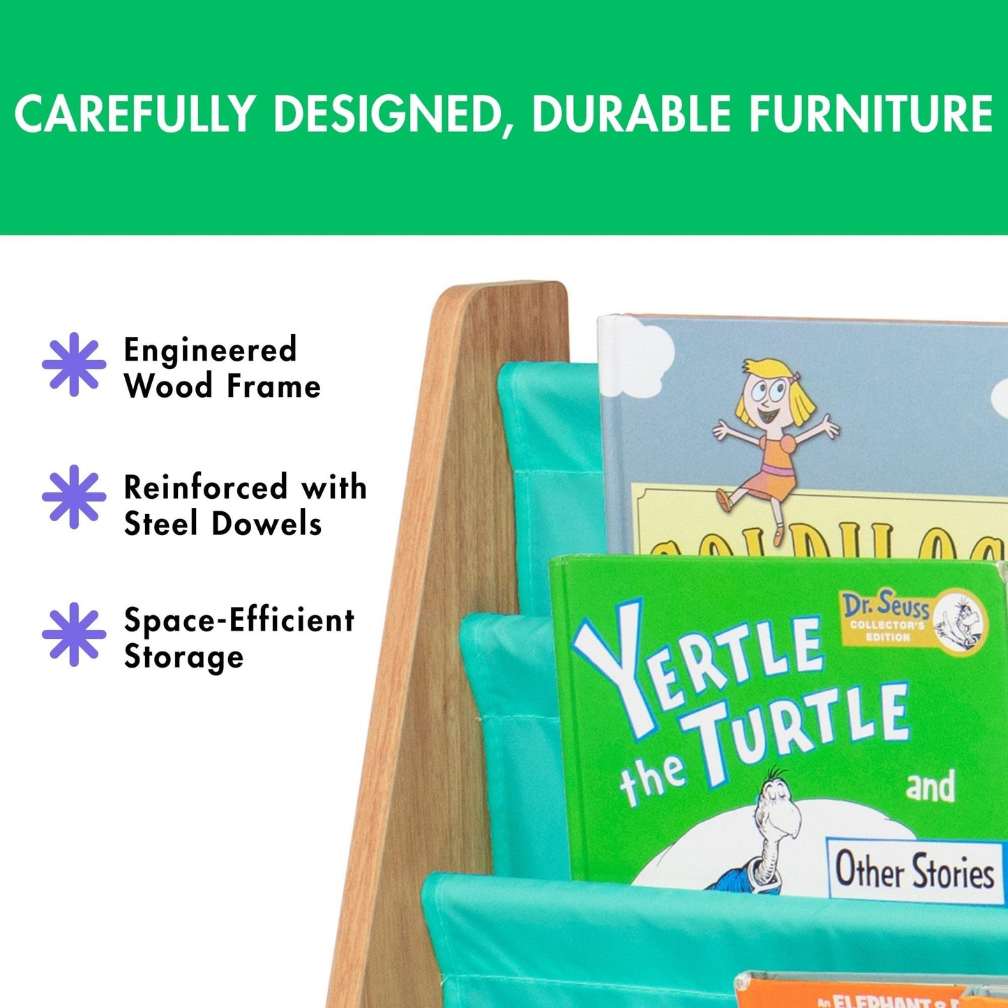 Humble Crew Kids Bookshelf, 4-Tier Front-Facing Book Display Organizer, Montessori Toddler Bookcase for Playroom, Bedroom & Reading Corner, Natural Wood/Seafoam Green