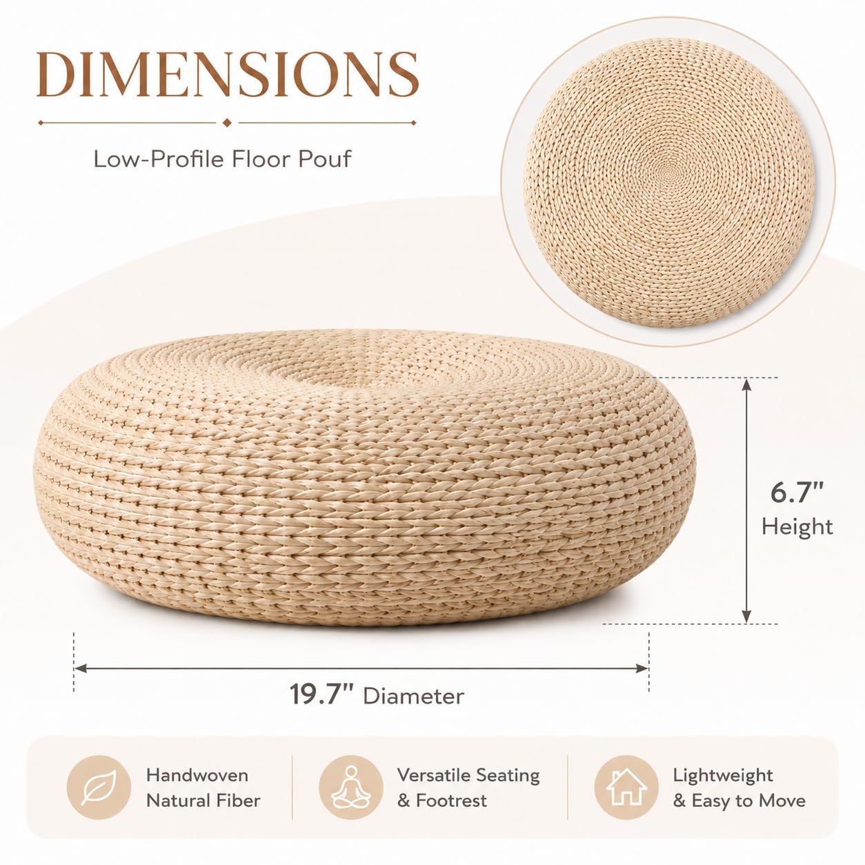 Round Rattan Floor Cushion, Handwoven Wicker Ottoman Foot Stool, Boho Meditation Seat for Living Room & Bedroom, 19.7" Dia x 6.7" H