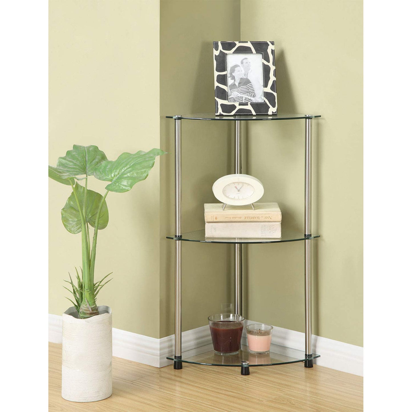 Convenience Concepts Designs2Go Classic Glass 3-Tier Corner Shelf 13.75" - Modern Media Bookshelf with Storage Shelves for Living Room, Display Storage Shelves for Family Room, Bathroom, Office, Glass/Chrome