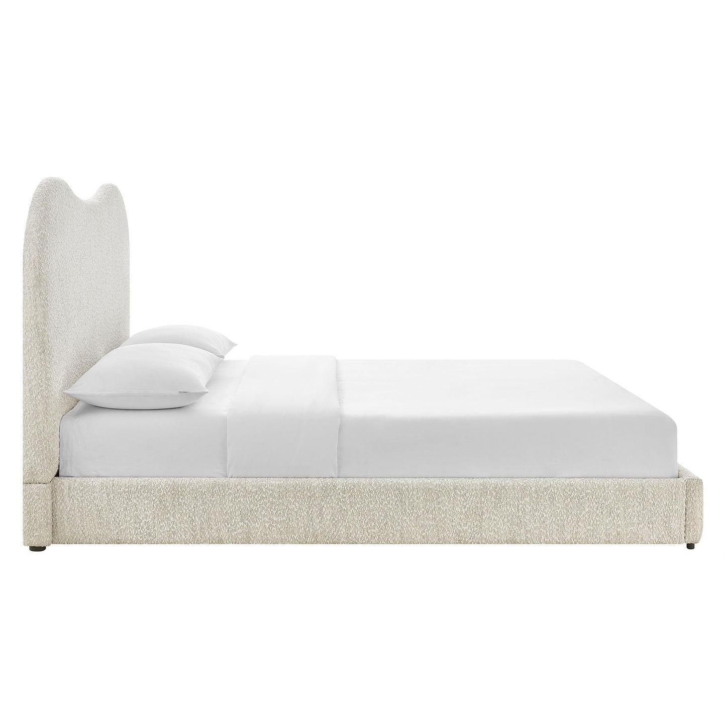 Seluna Queen Size Boucle Platform Bed in Pearl with Curved Headboard – Upholstered Queen Bed Frame with Wood Slats