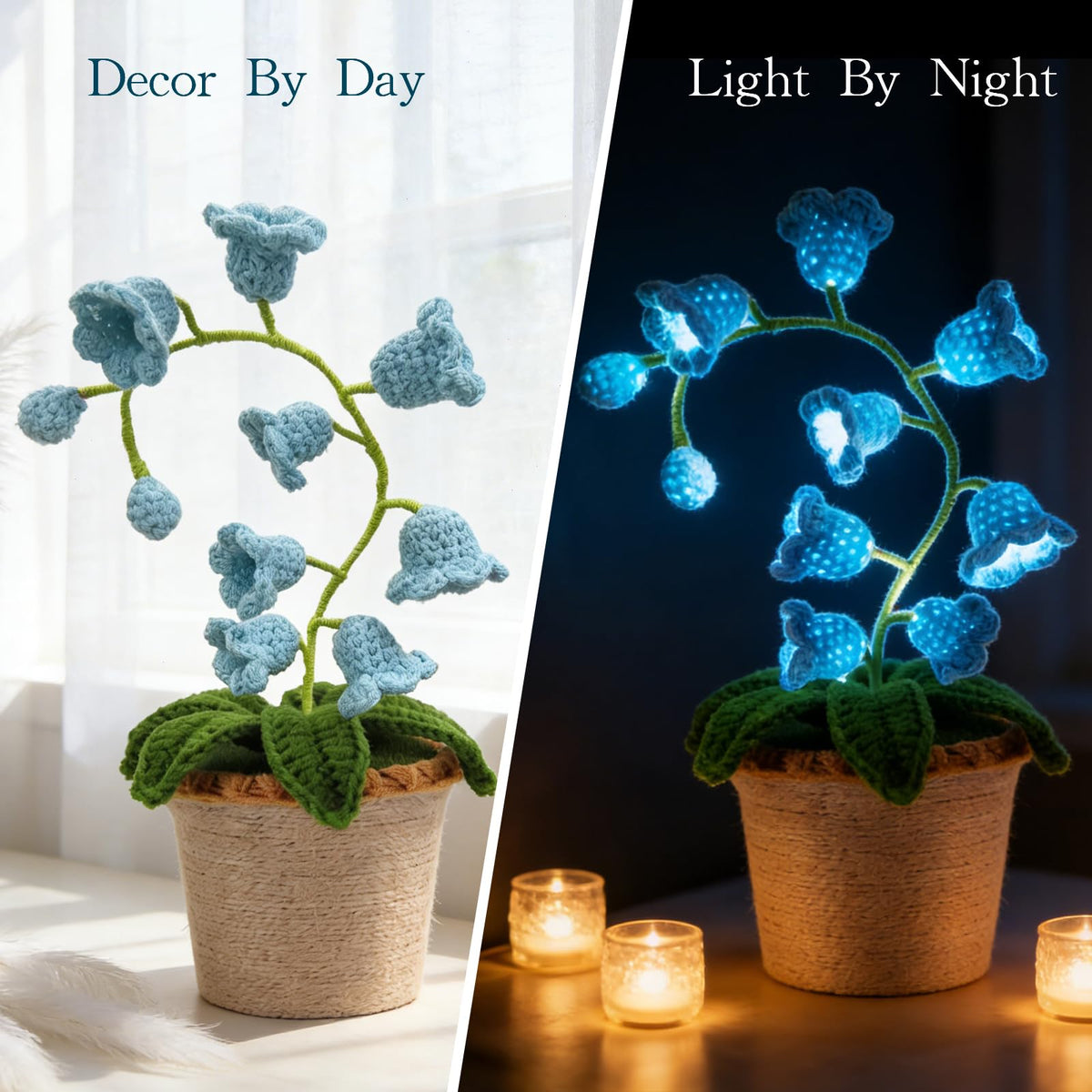 AVEKI Lily of Valley Lamp, Handmade Crochet Artificial Flower Lamp with Warm Light, Cute Desk Lamp for Bedroom, Battery Power Decor LED Night Light, Gift for Mom Daughter Girlfriend (Warm) (Blue)