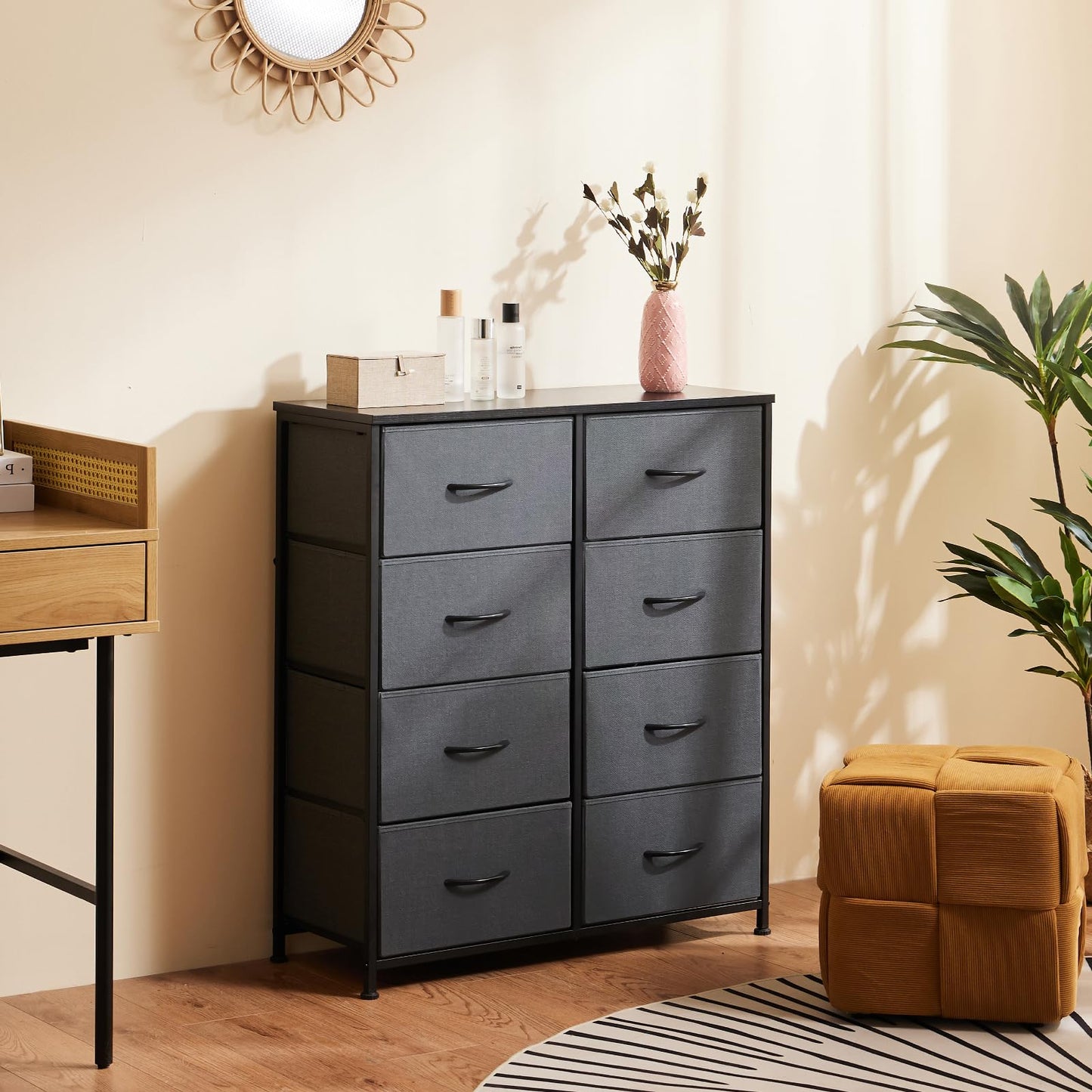 Sweetcrispy Dresser for Bedroom, Fabric Dresser with 8 Drawers, Chest of Drawers for Closet, Living Room, Sturdy Steel Frame, Wooden Top, Easy Pull Handle, Ash