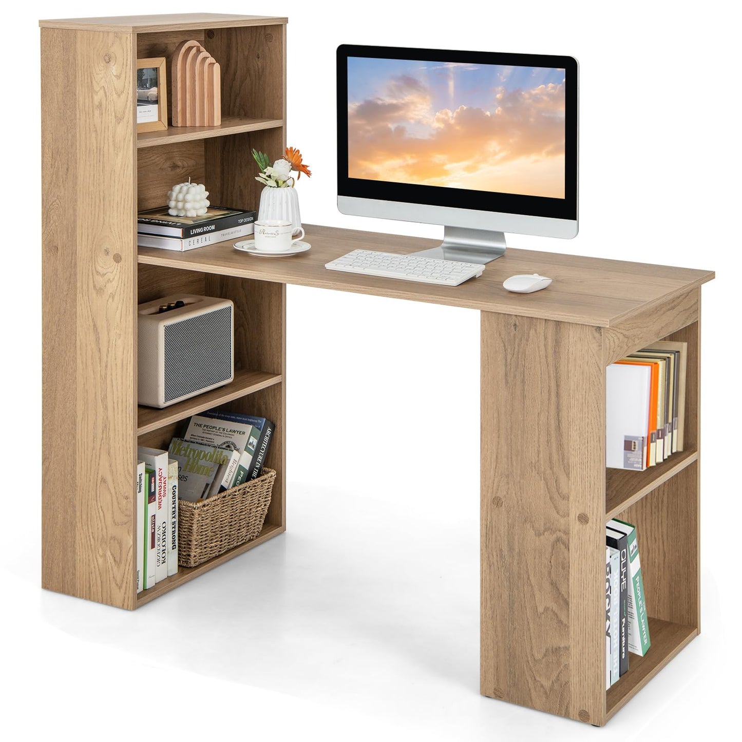 Giantex 48 Inch Computer Desk with Bookshelf, 3-in-1 Home Office Desk with 4-Tier Bookcase & CPU Stand, Space-Saving Reversible Writing Desk Work Table for Bedroom, Study Room, Office (Natural)