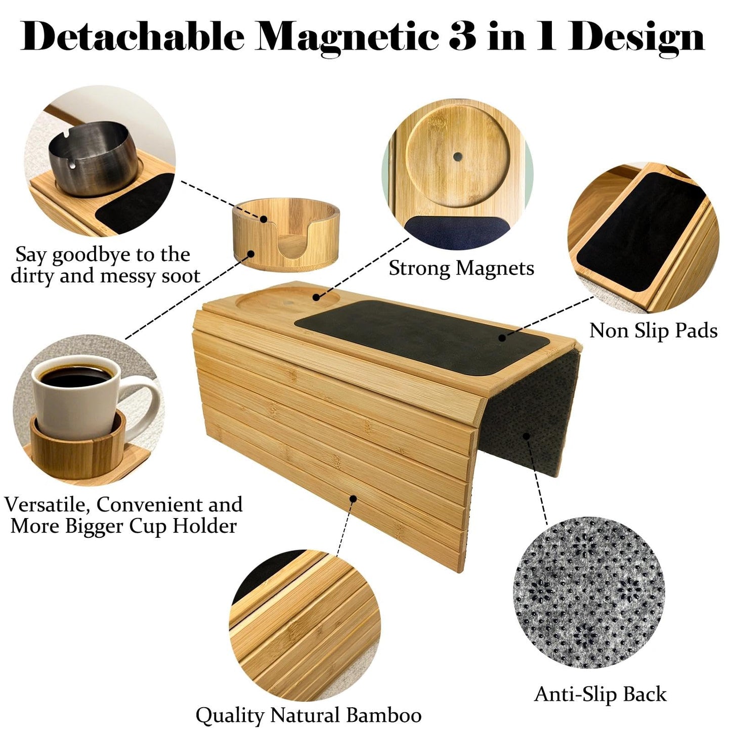Couch Armrest Table with Cup Holder - 3-in-1 Magnetic Foldable Detachable