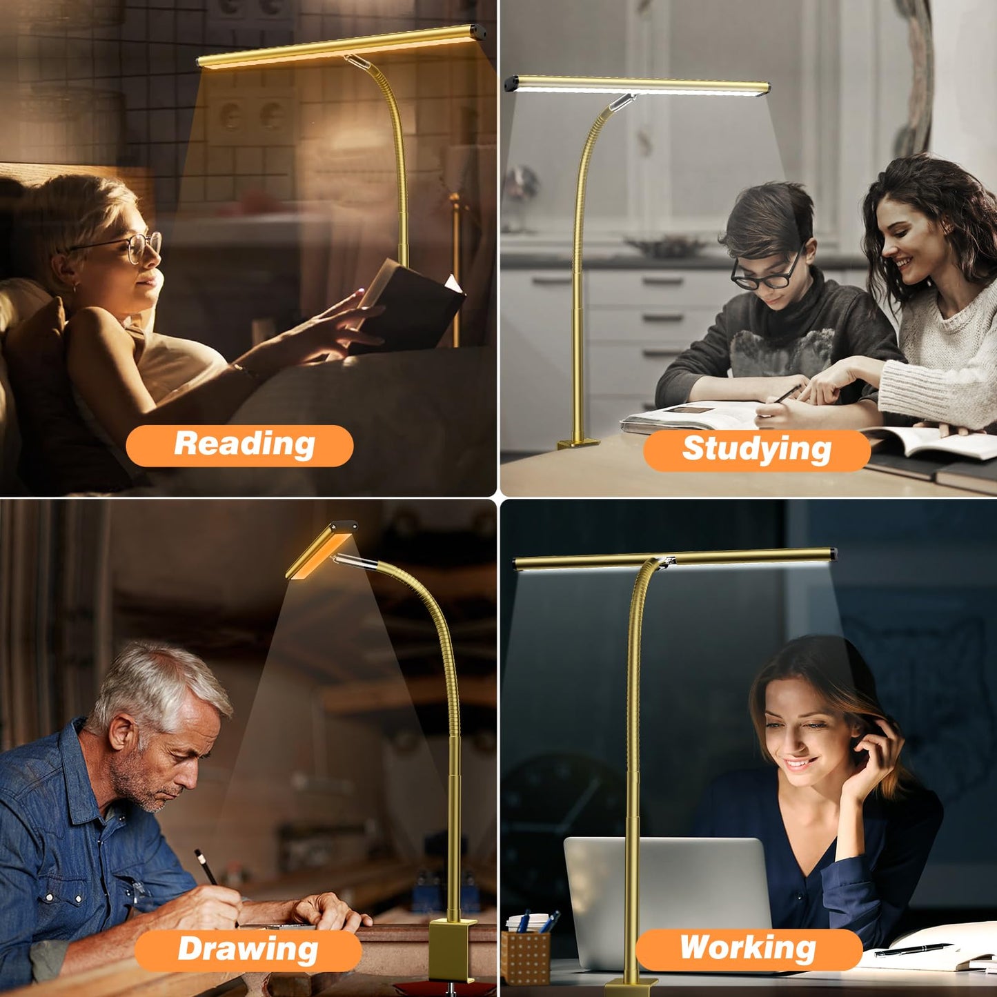 Airlonv LED Desk Lamp for Office Home, Eye-Caring Desk Light with Stepless Dimming Adjustable Flexible Gooseneck, 10W USB Adapter Desk Lamp with Clamp for Reading, Study, Workbench (Gold)