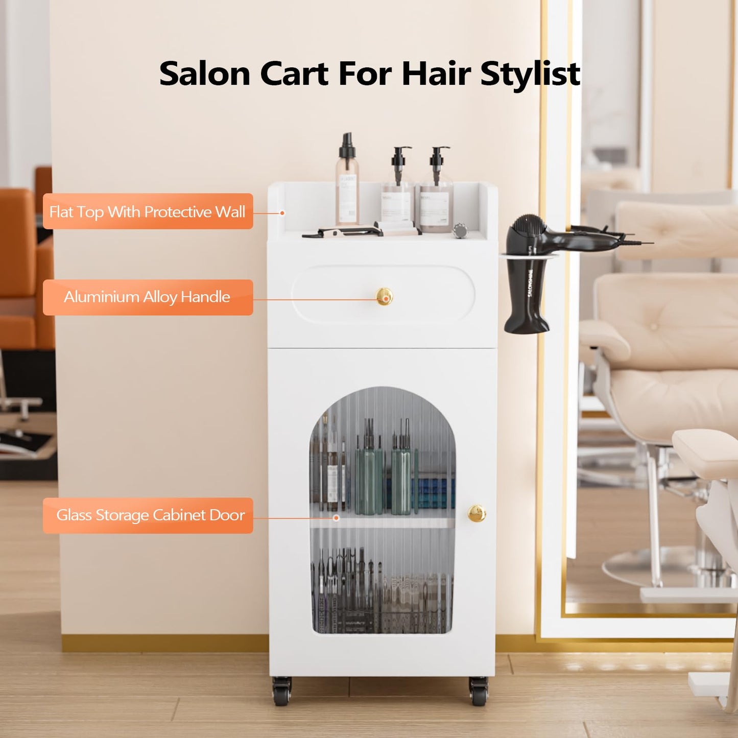 OmySalon Salon Cart with Wheels, 3-Tier Rolling Beauty Cart with Glass Door & Dryer Holder, Mobile Hair Styling Station for Barber, Spa, Esthetician, Nail & Tattoo Artists, Lockable Storage, White