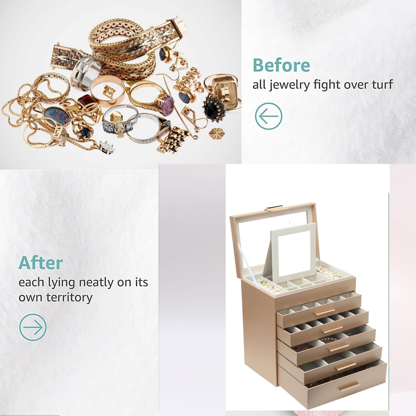 BOOVO Jewelry Boxes for Women, White and Black 6 Layer Large Jewelry Box for Necklace, Bracelet, Earrings, Rings Storage, Jewelry holder Organizer for Girls Gift (Gold, 6 layer)
