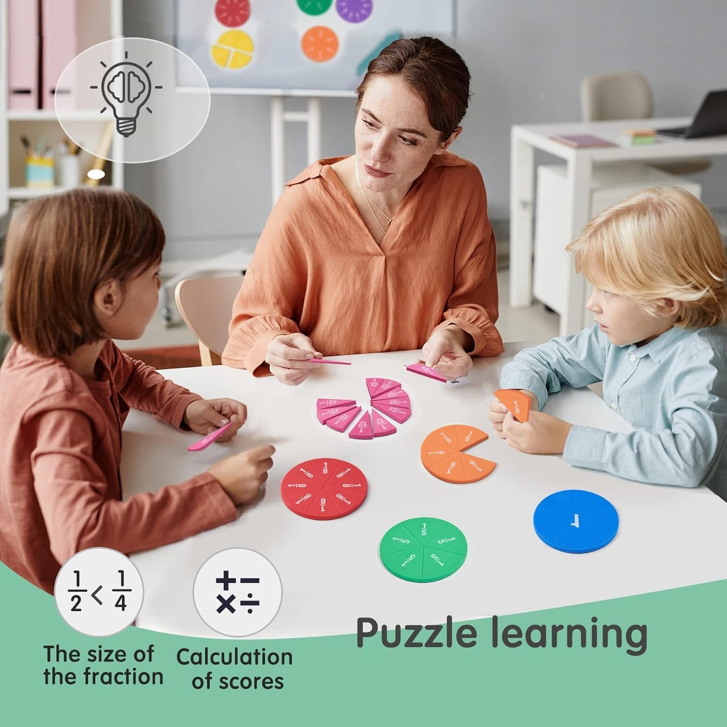 stochastic box Set of 4 Magnetic Fraction Circles 204 pcs Fraction Bars Set, Rainbow Math Manipulatives Learning Toy for Preschool Elementary School Classroom Educational Kit