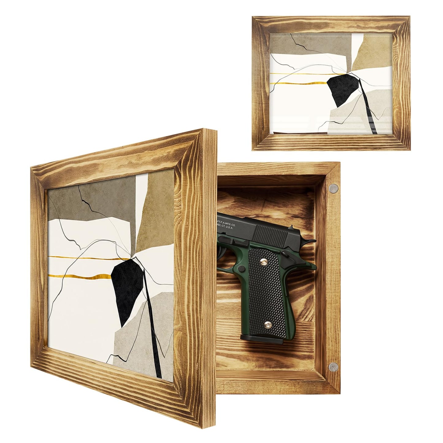 Dononr Hidden Gun Storage, Hidden Gun Safe for Pistols with Magnetic, Wooden Picture Frames for Handgun, Hidden Storage Gun Safe Home Furniture, Concealment Furniture Picture Frame Box, Rustic