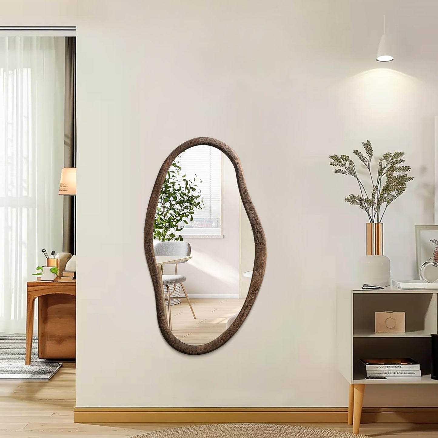 JJUUYOU Asymmetrical Mirrors Irregular Bathroom Wall Mirror 30"x18" Large Wooden Frame Modern Decorative Mirror for Makeup Bathroom Living Room Brown