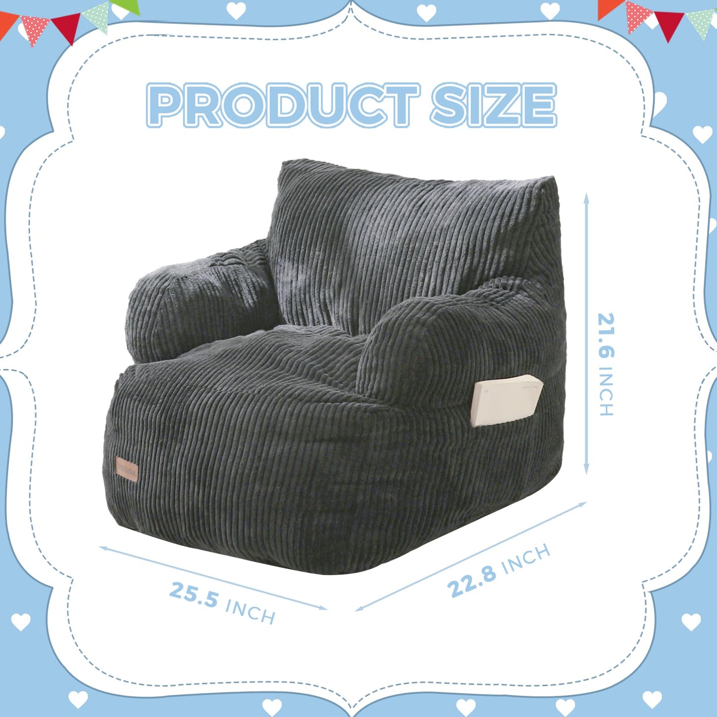 MAXYOYO Kids Bean Bag Chair, Stuffed Toddler Bean Bag Sofa with Filler Bean Bag Chair for Boys and Girls, Lazy Sofa with Pocket Floor Chair for Gaming, Reading, Dark Grey