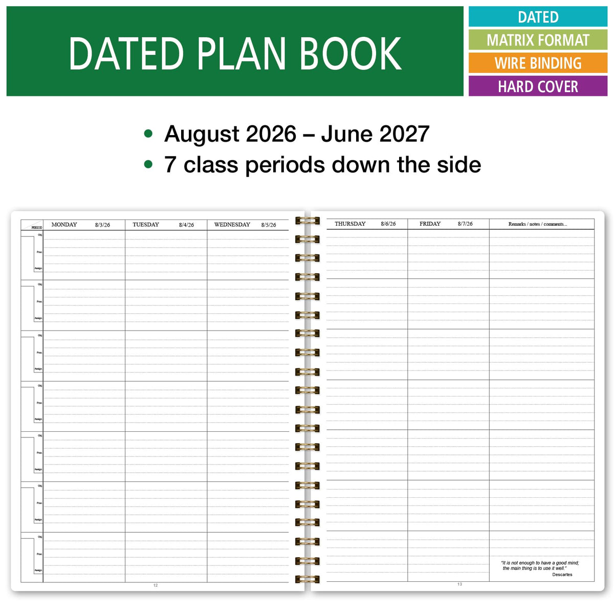 Elan Publishing Company HARDCOVER 7 Period Dated Teacher Lesson Plan; Days Horizontally Across The Top Dated for 2026-2027 Academic Year with Bonus Clip-in Bookmark (Tree Seasons)