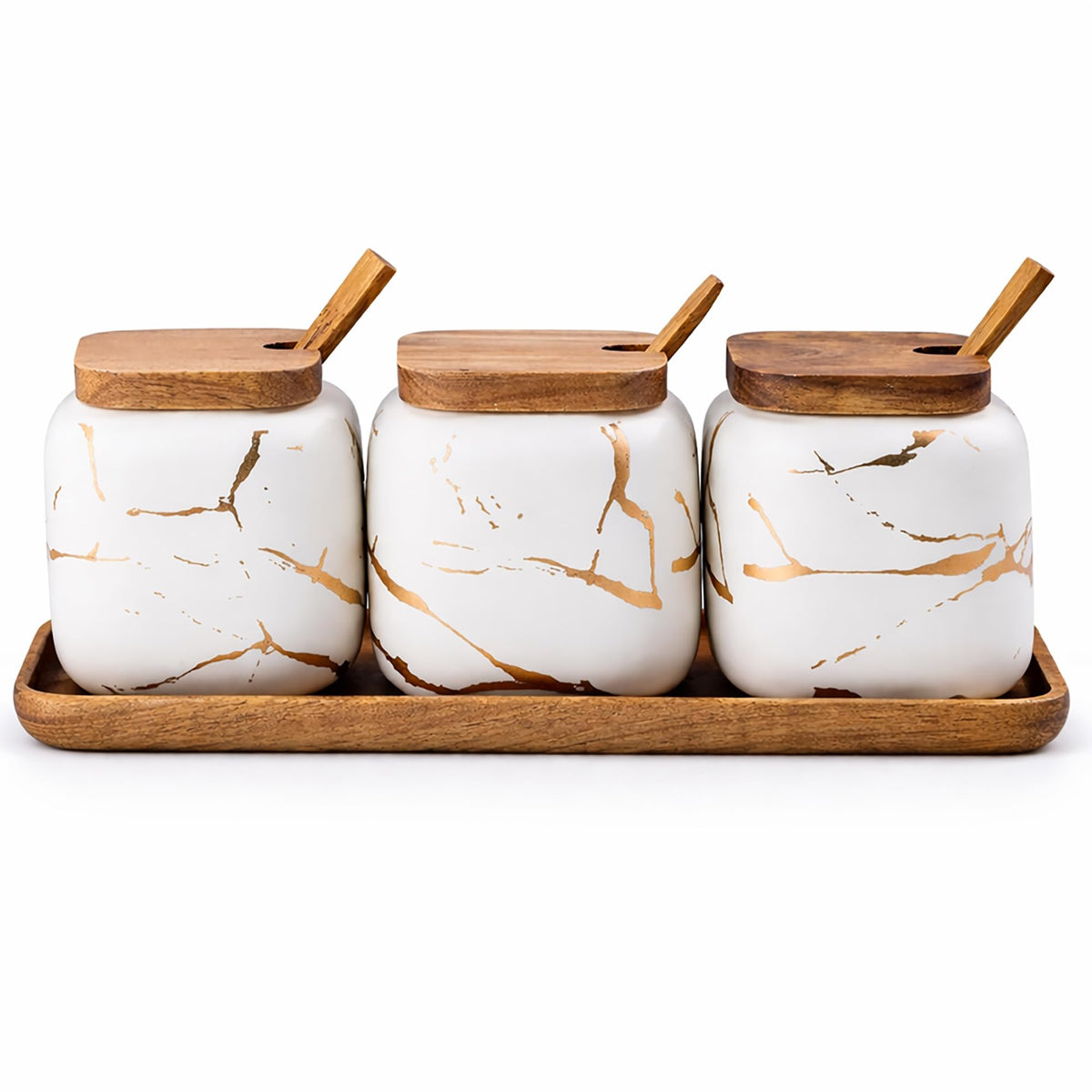 KIDYBELL Ceramic Spice Jars Porcelain Condiment Jars Set Marble Ceramic Seasoning Box 3pcs Condiment Pots for salt, sugar, pepper Kitchen Seasoning Condiment Jar Set