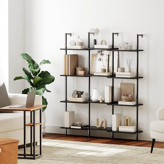 HOOBRO DIY Ladder Shelf, 6-Tier Wooden Wall Mounted Bookshelf, Narrow Bookcase