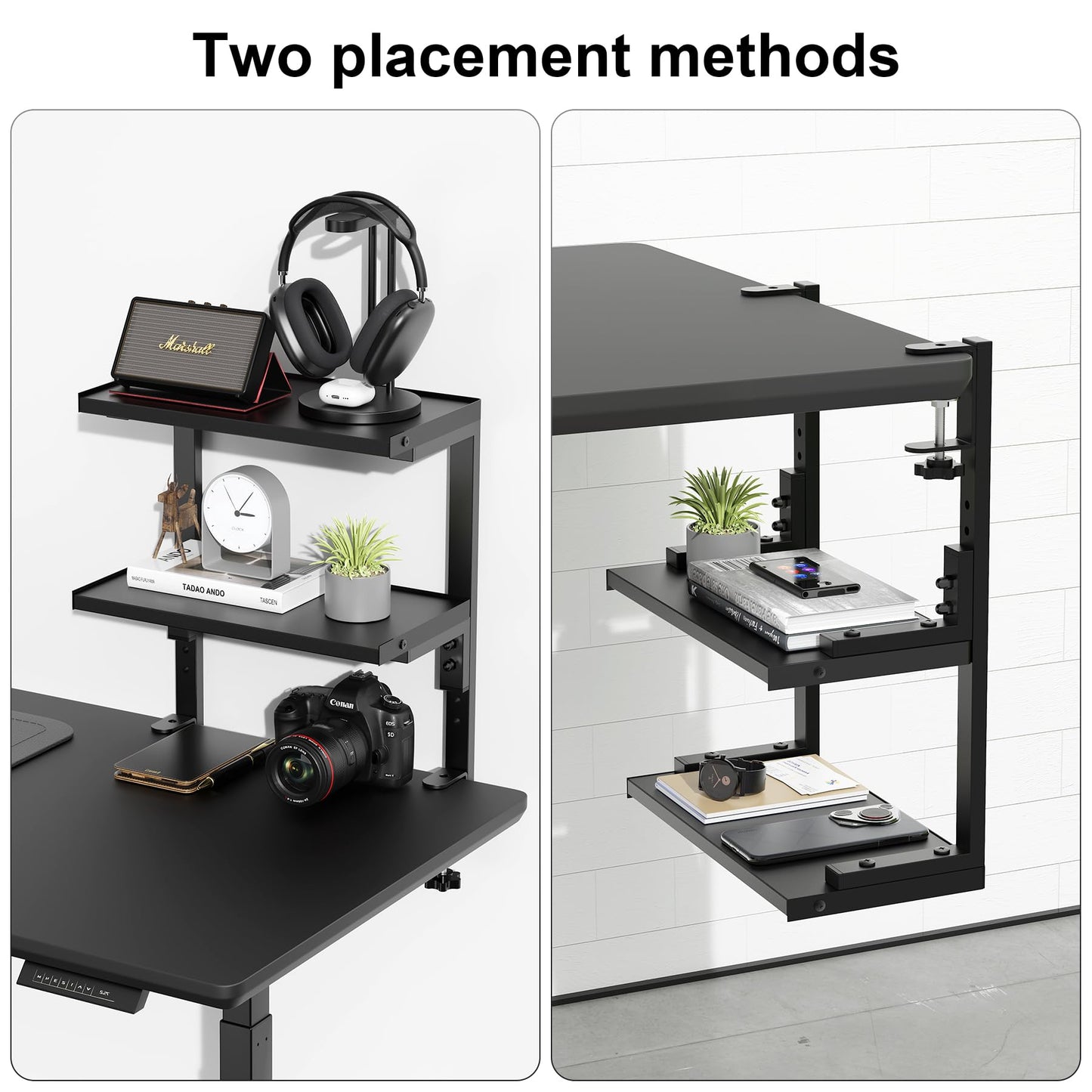 OUTIOE 2-Tier Desk Shelf, Expandable Under Desk Storage, Clamp on Desk Shelf, Desktop Accessories for Offices, Study Rooms, and Game Rooms (Black)