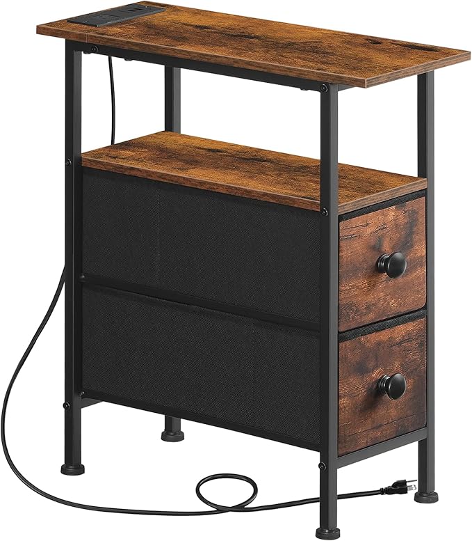 HOOBRO End Table with Charging Station, Narrow Side Table with 2 Fabric Drawers