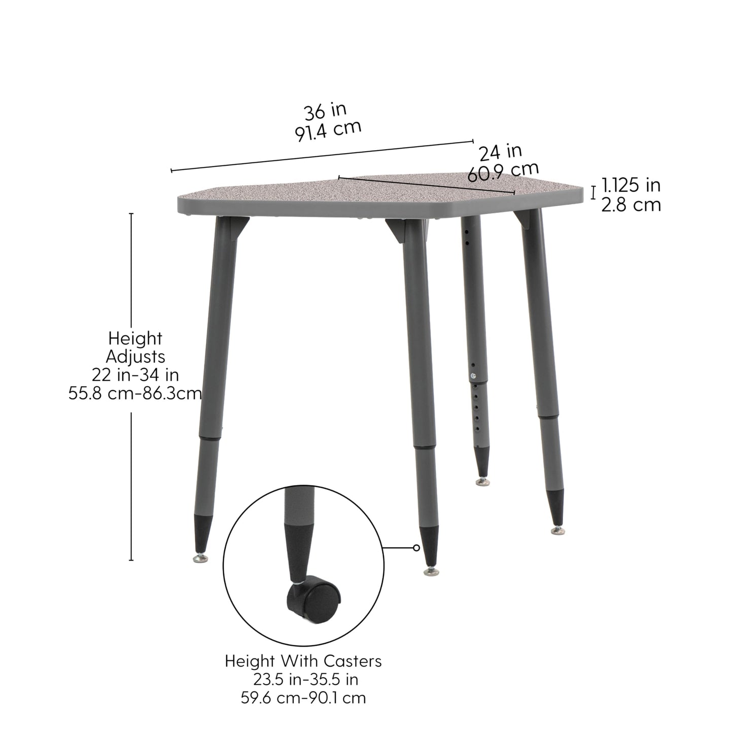 Adapte Commercial Classroom Activity Table - 24" x 36" Petal, ADA Compliant Tapered Legs with Glides & Casters, Adjustable Height 22-34" Wheelchair Accessible, School & Office Furniture