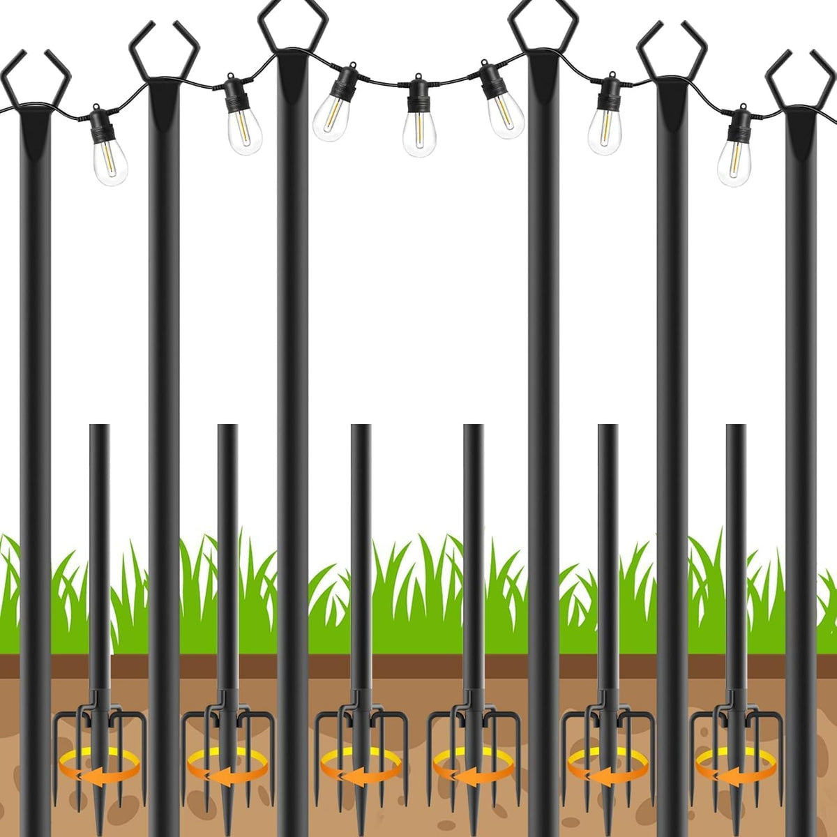 AHRLHR 6 Pack String Light Poles, Outdoor String Light Pole 10 ft Forked Metal Light Pole with Adjustable Outdoor Light Stand, Deck, Backyard, Garden, Wedding, Rustproof and Sturdy with Hooks.