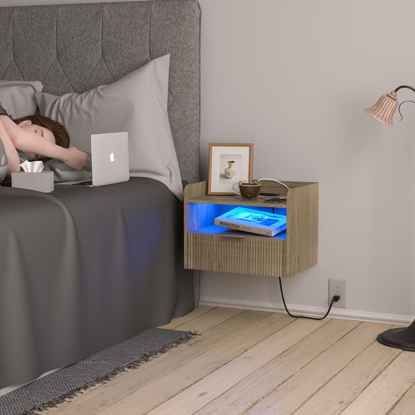 Veegle White Floating Nightstand with Charging Station and LED Lights (Grey)