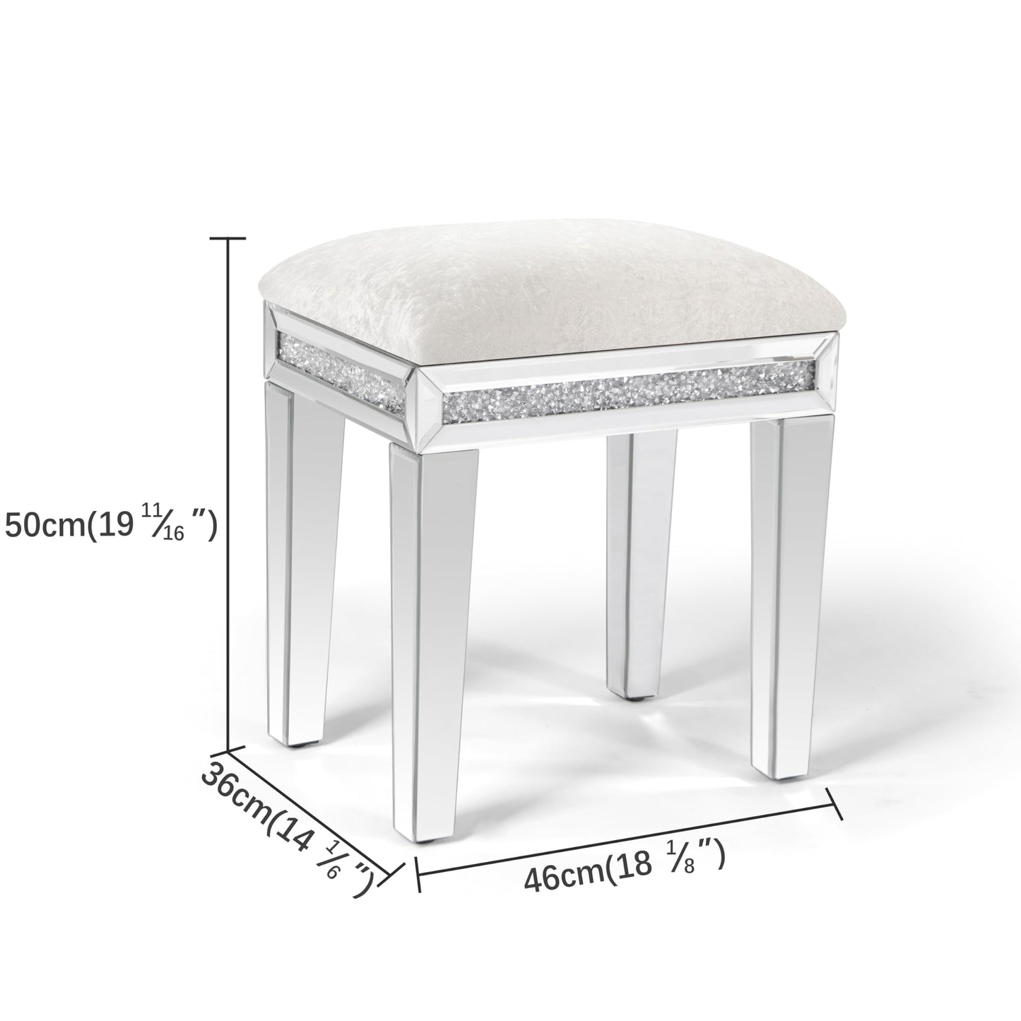 blingworld Mirrored Vanity Stool with Crushed Diamond Inlay Velvet Cushion 19.7'' Tall Stylish Makeup Chair for Bedroom, Vanity Chair, Ottoman for Living Room, White
