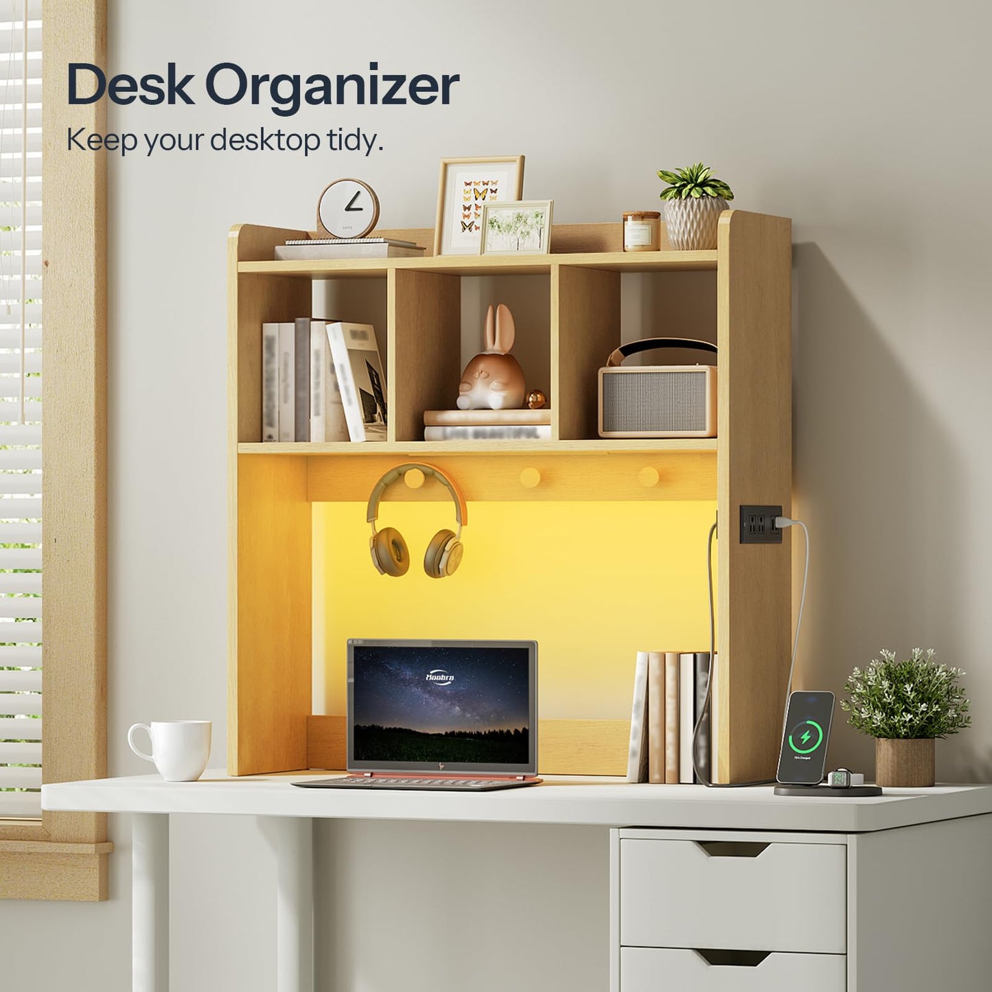 HOOBRO Desktop Bookshelf, Office Desktop Shelf, Desk Hutch with Outlets, Wooden Office Desktop Bookcase, Desktop Organizer Shelf with LED Light Strip and 3 Hooks, for Home, Study, Natural NL12UDSJ01