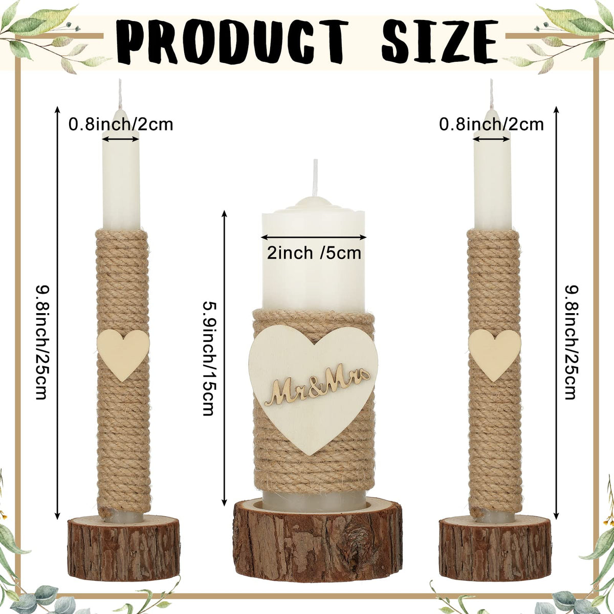 Amyhill 3 Pcs Rustic Unity Candles for Wedding Ceremony Set Mr and Mrs Burlap 1(5.9'') Pillar 2(9.8'') Taper Candles for Weddings Ceremony Events Decor Emergency Lighting(Romantic Style)