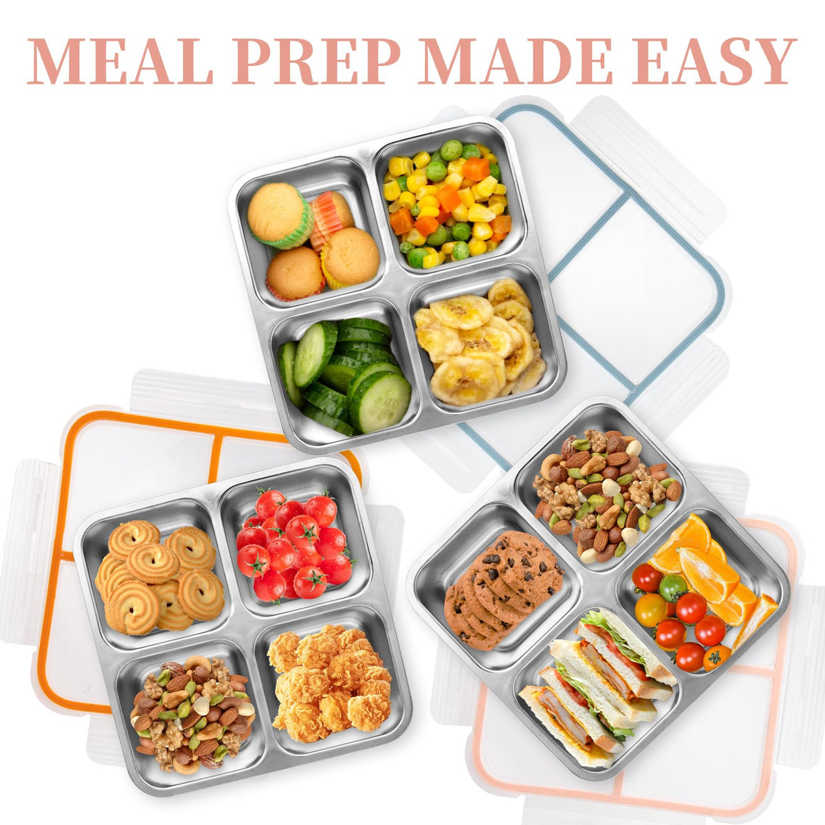 Luriseminger 3 Pack Stainless Steel Bento Lunch Box, 4 Compartment Snack Containers, Divided Meal Prep Lunch Containers, Food Storage Containers For Work and Travel