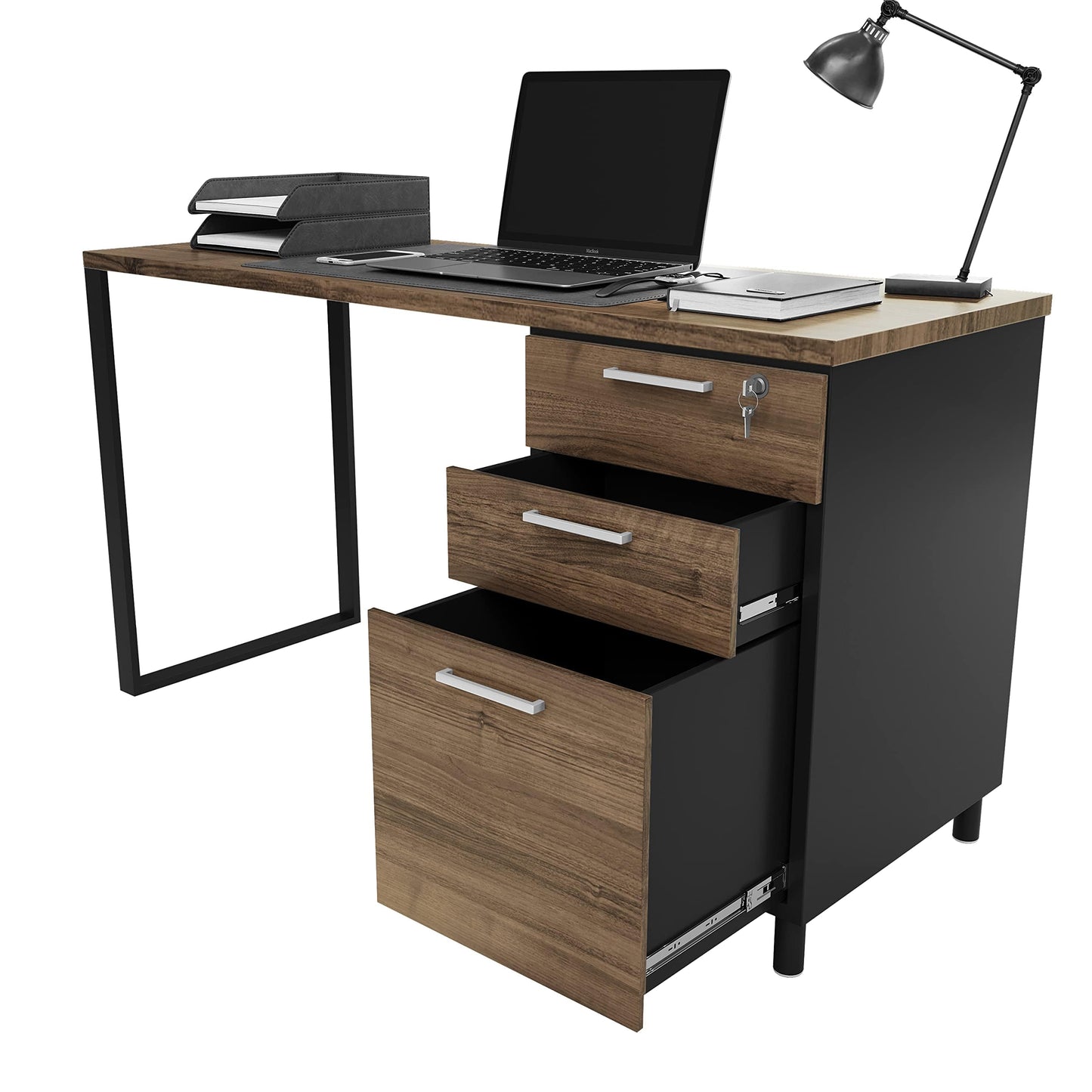 Modern Design Milano Office Computer Desk with 3 Locking Drawers, 48 Inch Walnut and Black Industrial Wood Desk with Filing Drawer and Storage By Crafts and Comfort