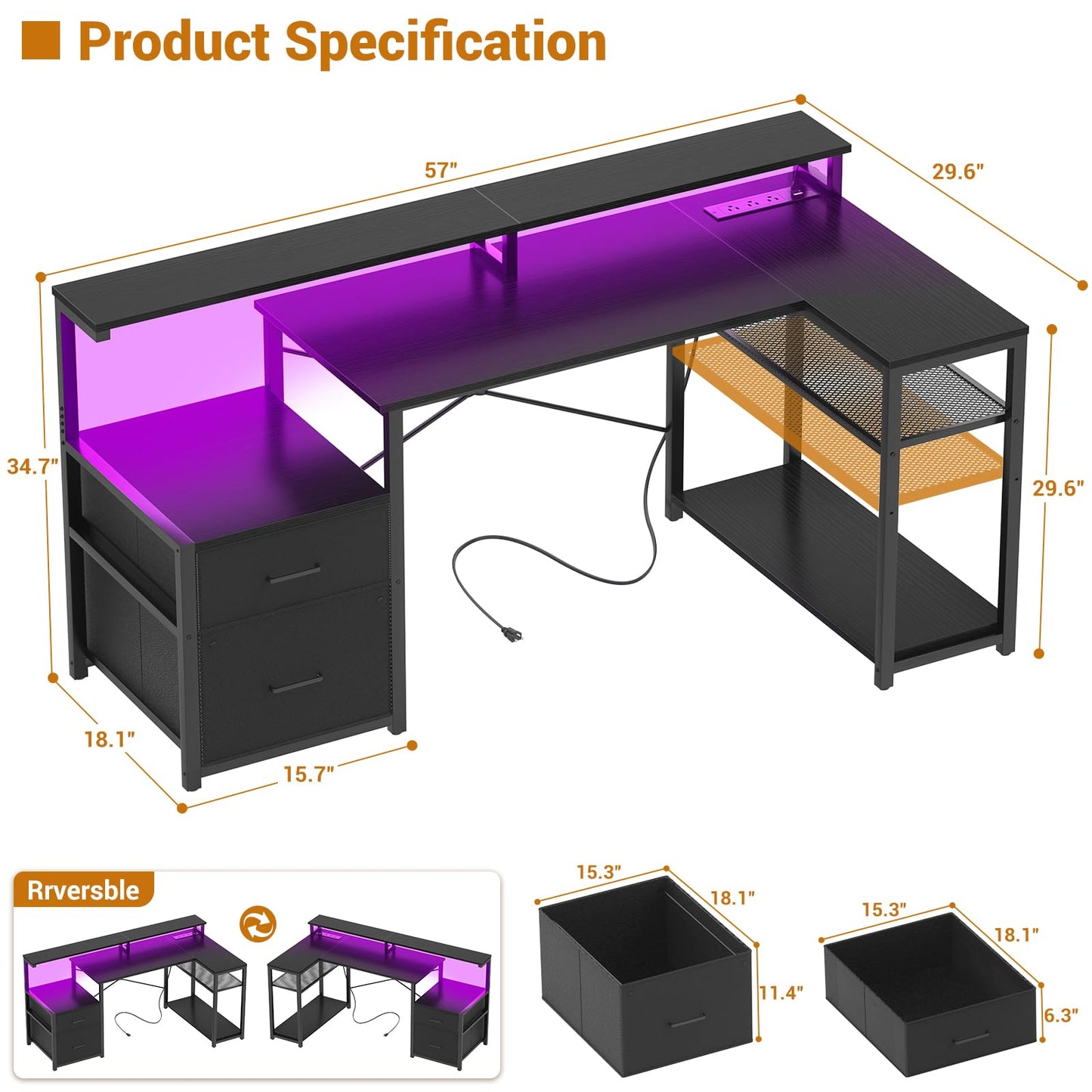 Aheaplus L Shaped Desk with File Drawer, Reversible L Shaped Computer Desk Gaming Desk with Power Outlet & LED Strip, Home Office Desk with Monitor Shelf, Corner Desk with Storage Shelves, Black