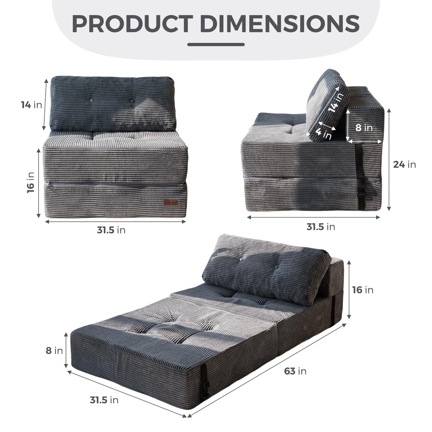 MAXYOYO Folding Sofa Bed, Convertible Sofa Bed with High-Density Support Foam, Portable 4 in 1 Fold Out Chair to Floor Lounger, Versatile Floor Couch for Living Room Bedroom, Dark Grey