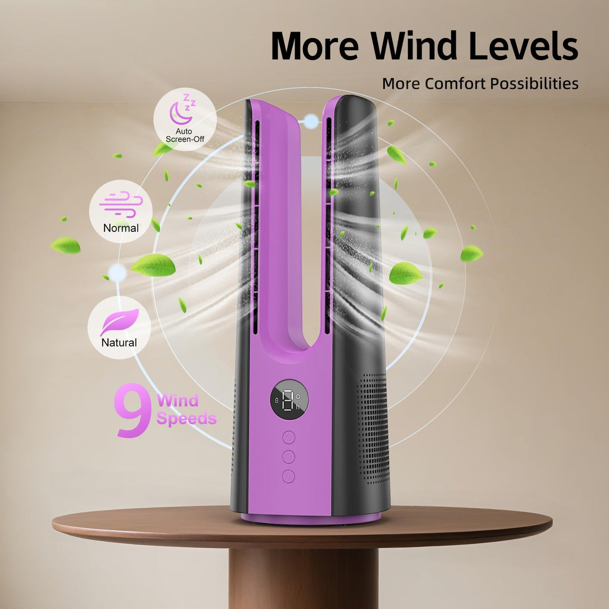 KONSIDEN Desk Fan, 13 Inch Portable Bladeless Fan, Small Quiet Table Fan with 60°Oscillating, 9 Speeds & 9H Timer, LED Display, Button Control, Easy to Clean, Personal Desktop Fan for Bedroom, Office