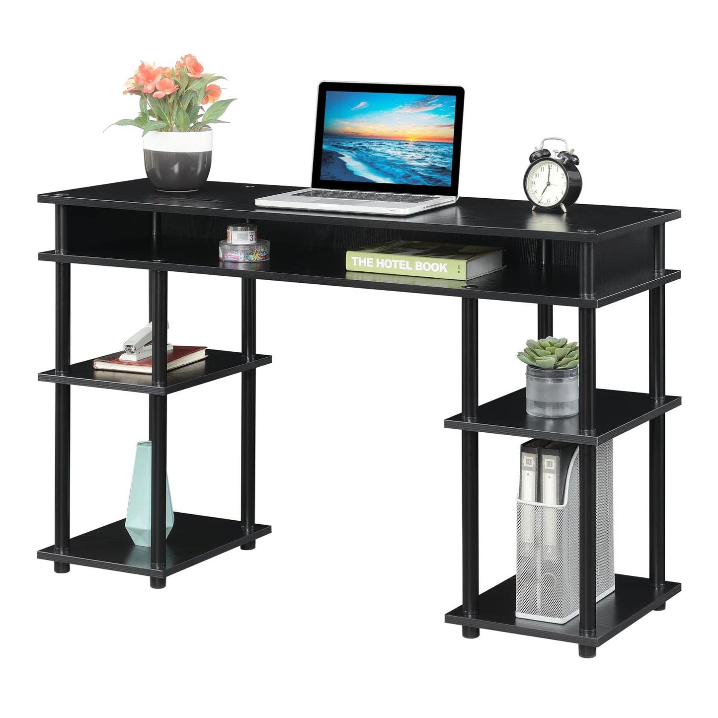 Convenience Concepts Designs2Go No Tools Desk Home Office Desk with Shelves, Corner Shelf Vanity Desk Computer Desk Nail Table for Nail Tech - 47.25" L x 15.75" W x 30" H, Black/Black