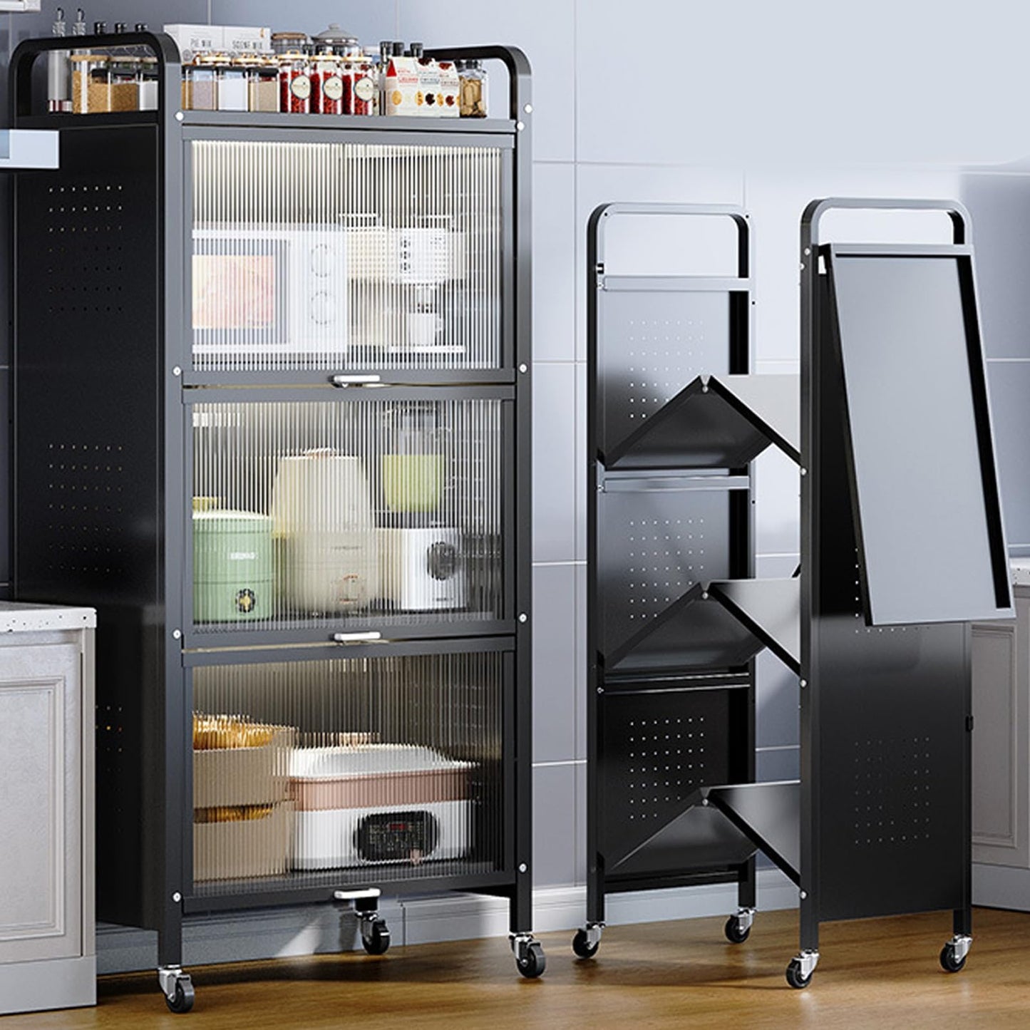 4-Tier Microwave Stand, Kitchen Storage Cabinet with Transparent Flip Door, Space-Saving Bakers Rack for Home, Office, Pantry - Black, 60cm/24in