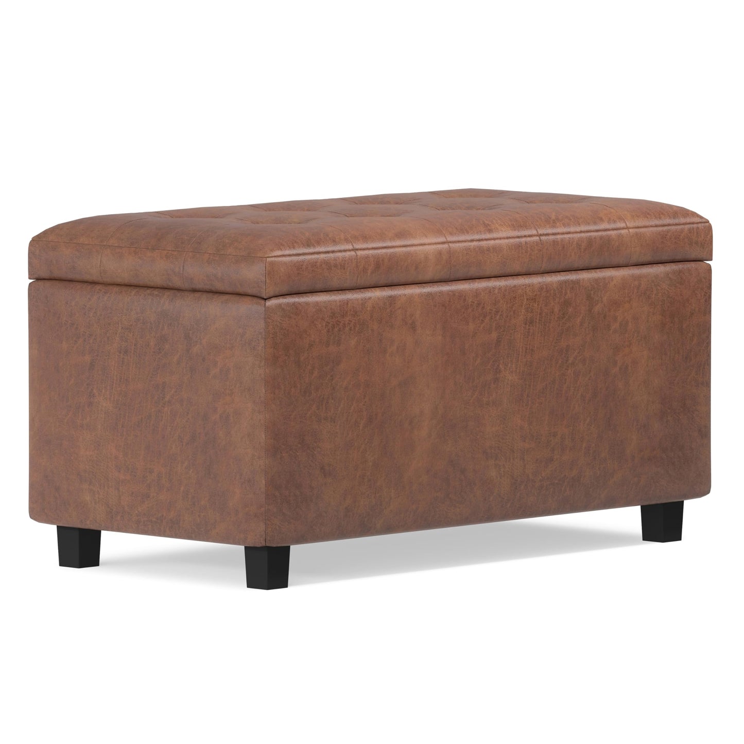 SIMPLIHOME Cosmopolitan Storage Ottoman - 34 inch Wide Upholstered Vegan Leather Rectangle Storage Ottoman Bench in Distressed Saddle Brown, Transitional Tufted Ottoman for Entryway with Lift-Up Lid